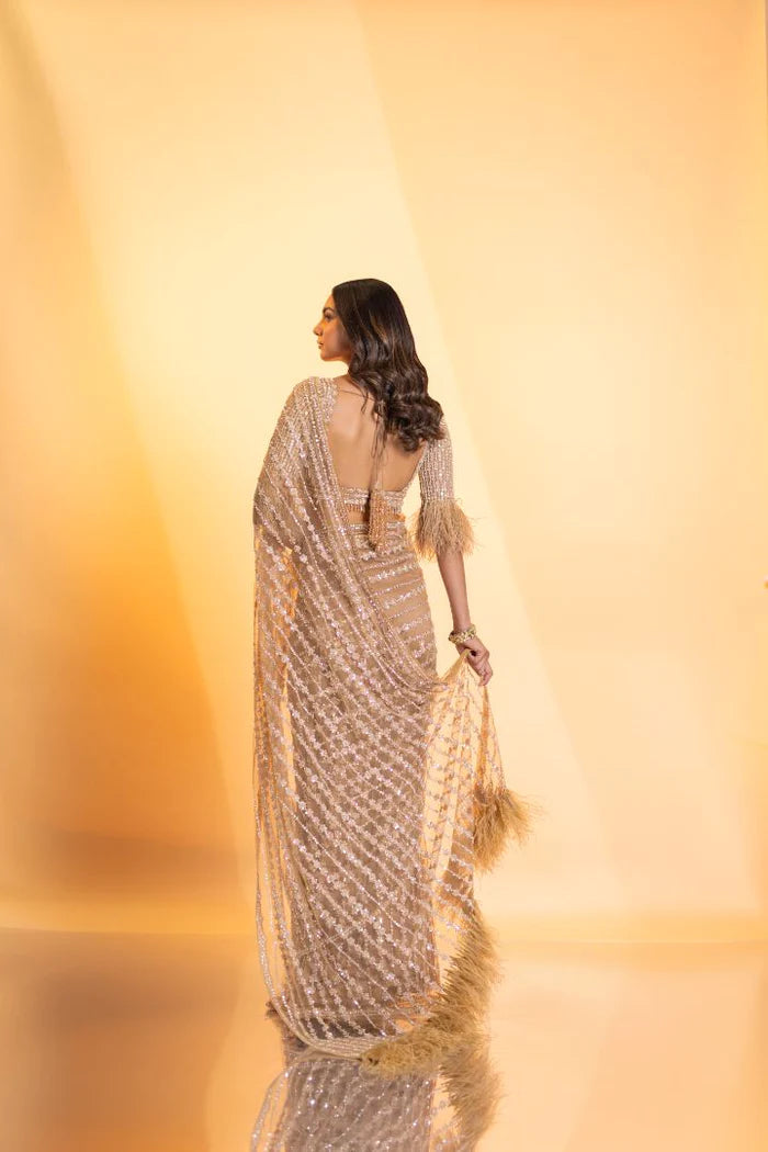 Golden Saree with Sequence Embroidery Work