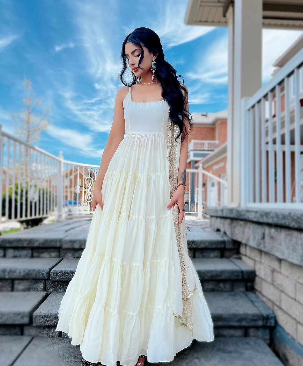 Pearl White Anarkali Set