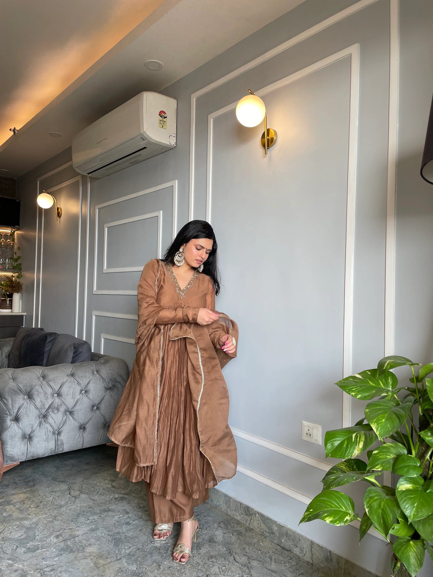 Earthy Brown Anarkali Set with Palazzo and Dupatta