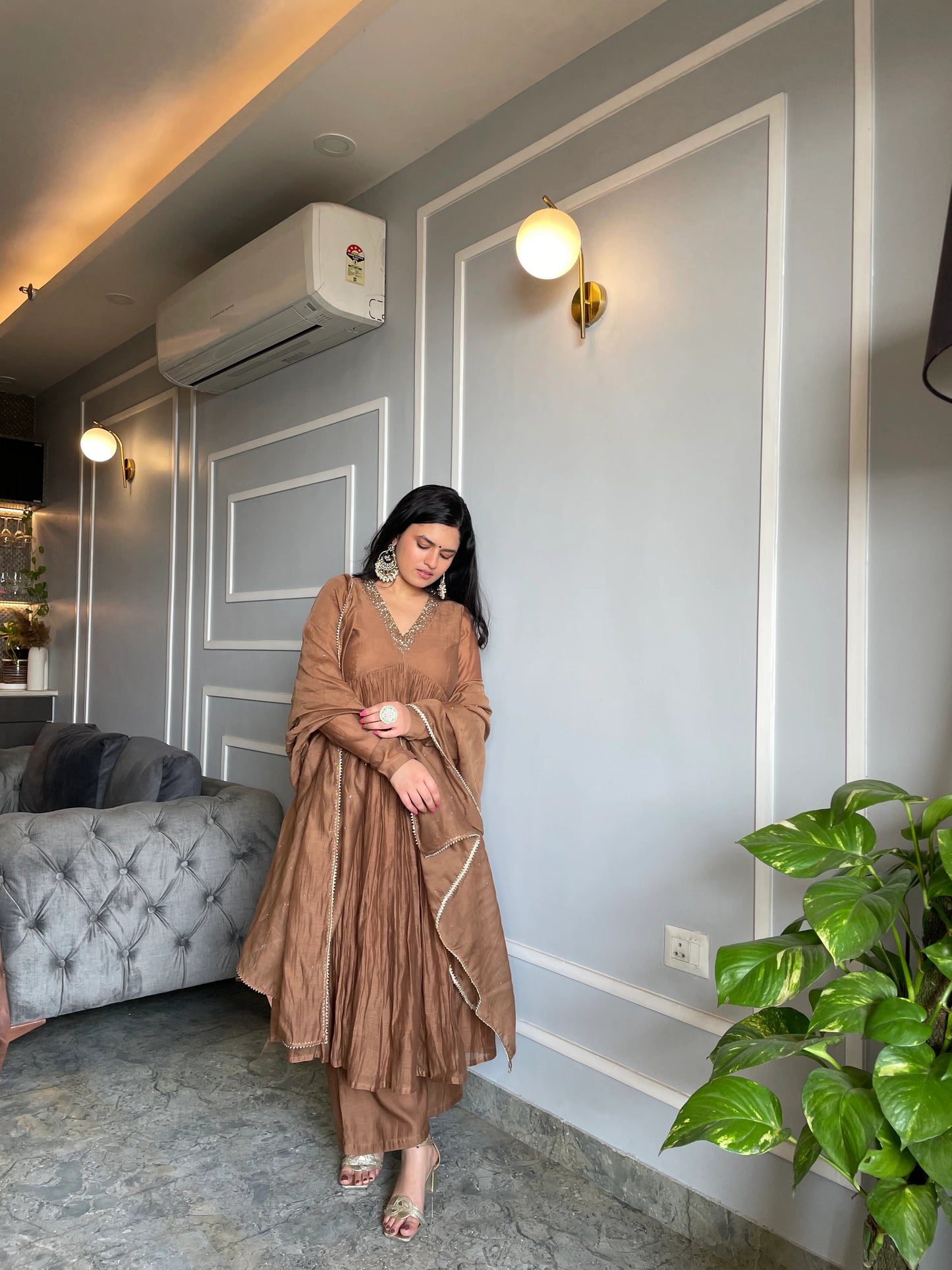 Earthy Brown Anarkali Set with Palazzo and Dupatta