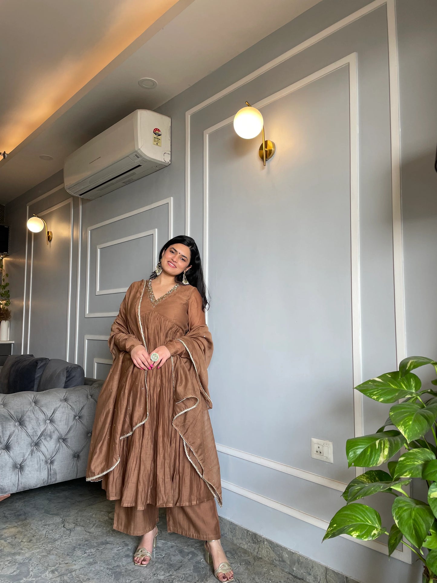 Earthy Brown Anarkali Set with Palazzo and Dupatta