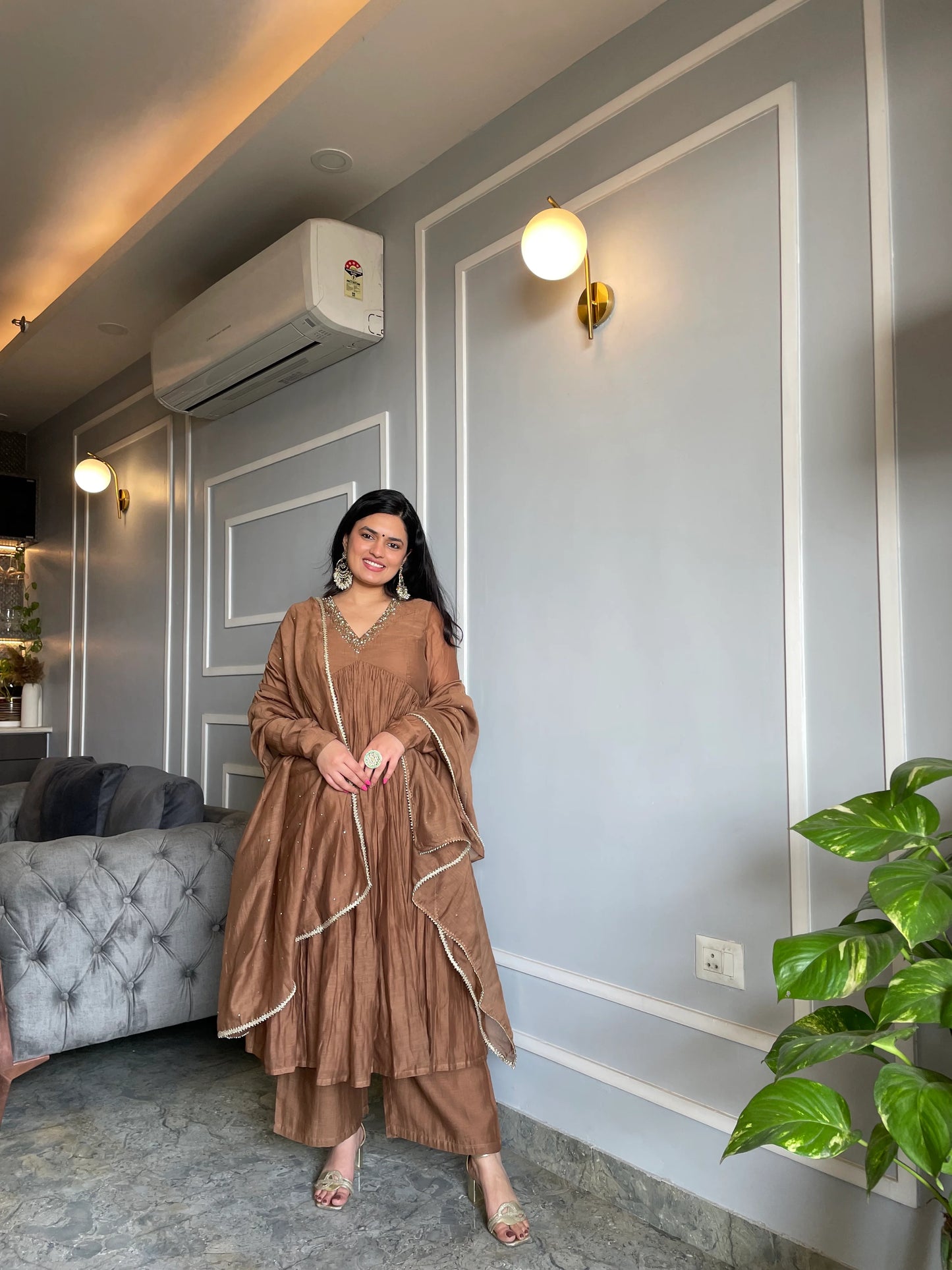 Earthy Brown Anarkali Set with Palazzo and Dupatta