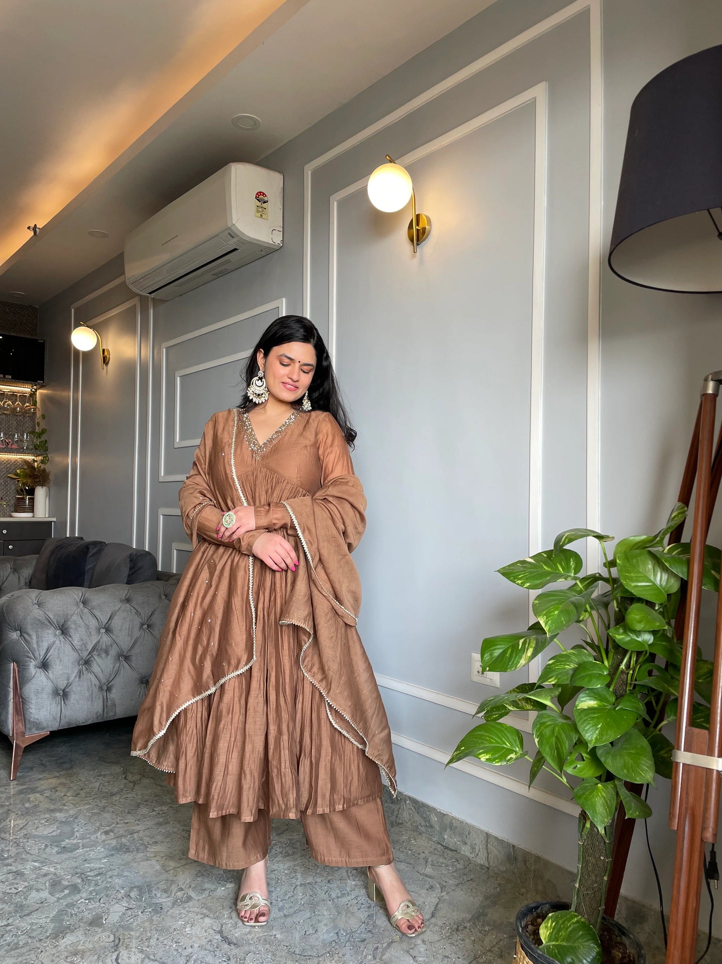 Earthy Brown Anarkali Set with Palazzo and Dupatta