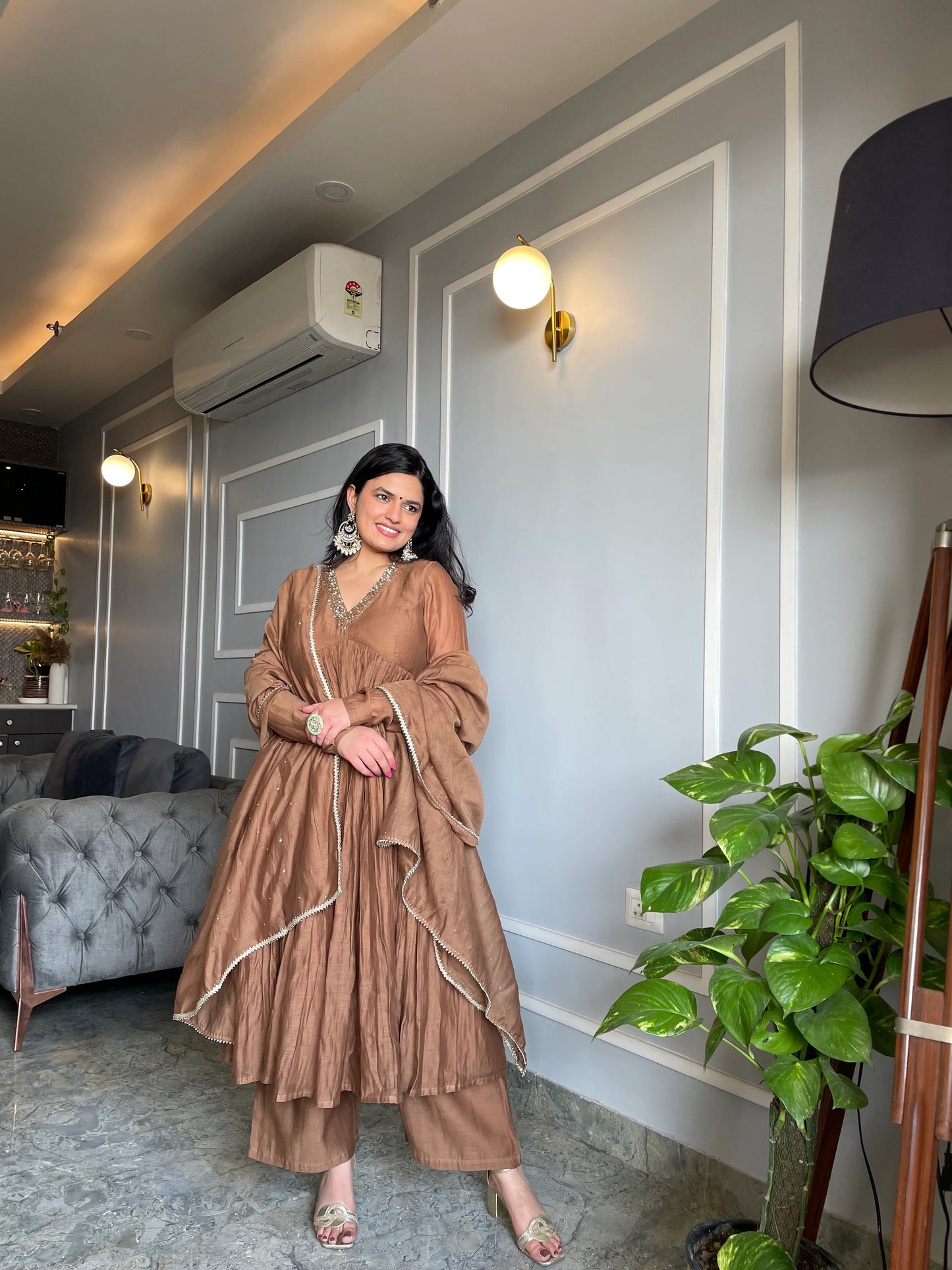 Earthy Brown Anarkali Set with Palazzo and Dupatta
