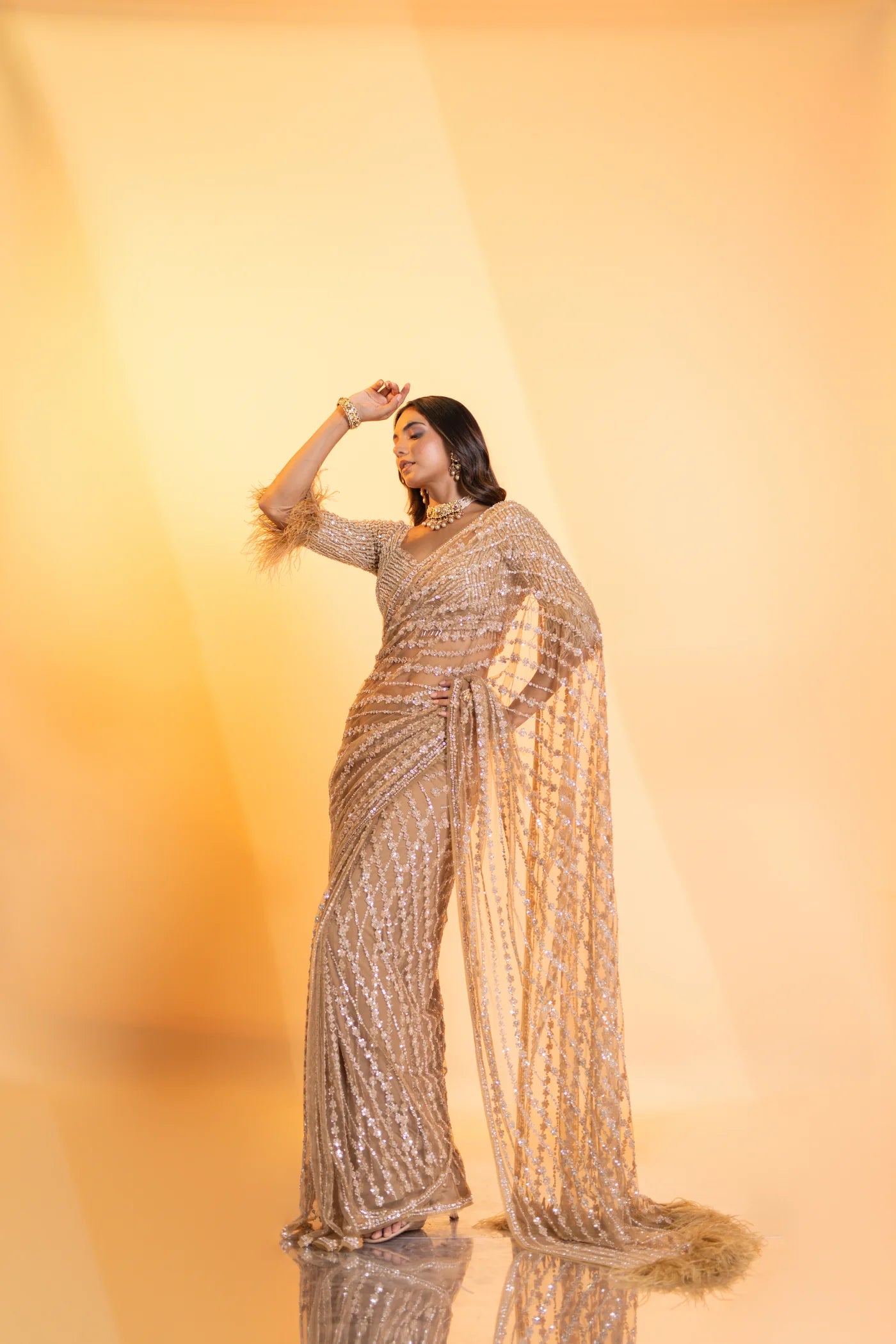 Golden Saree with Sequence Embroidery Work