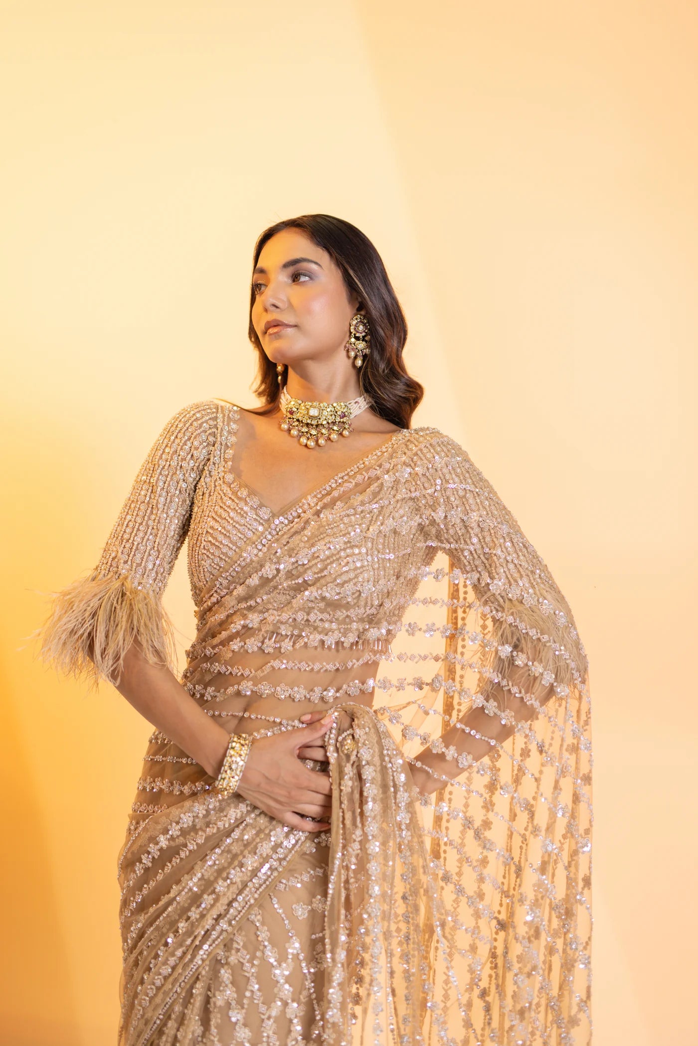 Golden Saree with Sequence Embroidery Work