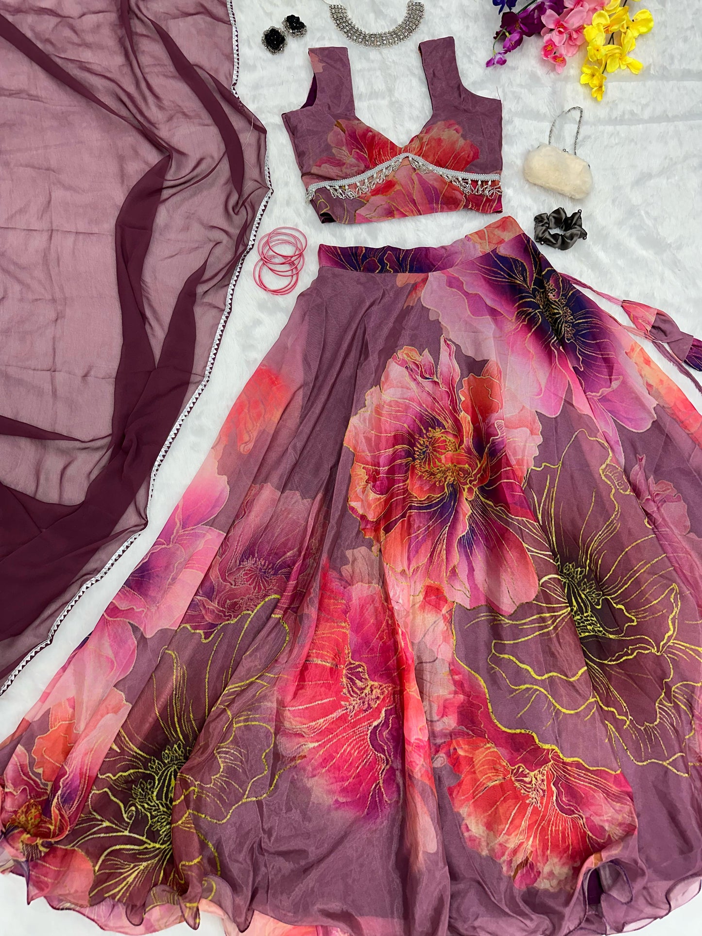 Organza Floral Lehenga Choli - Fully stitched