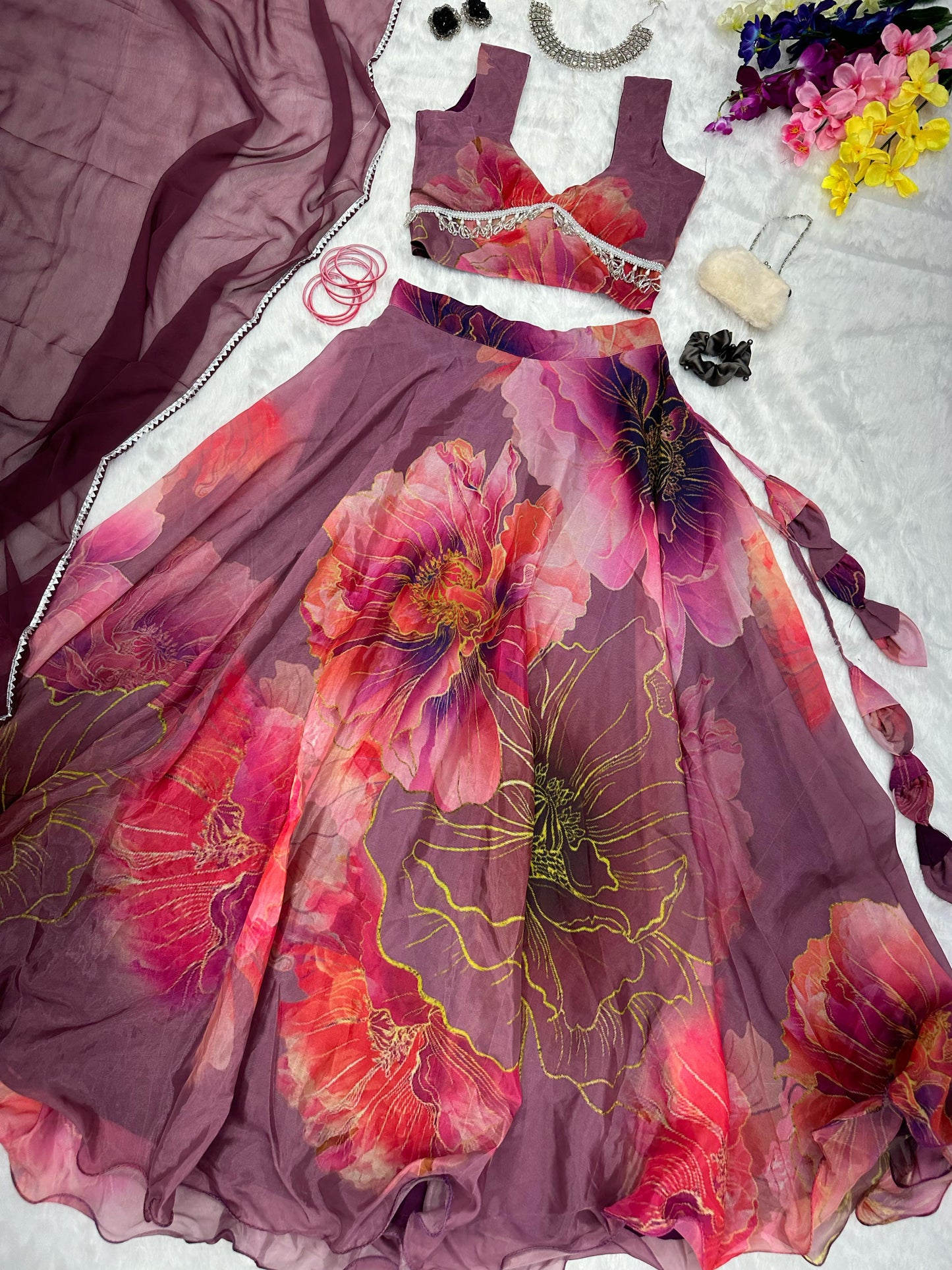 Organza Floral Lehenga Choli - Fully stitched