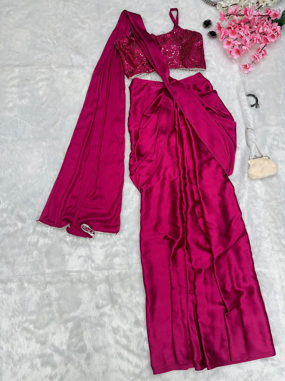 Hot Pink Cocktail Saree - Ready to Wear