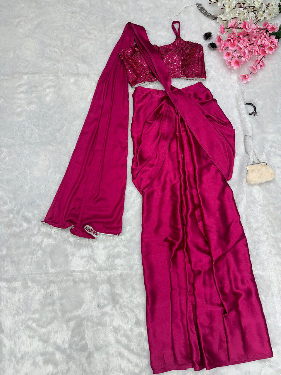 Hot Pink Cocktail Saree - Ready to Wear