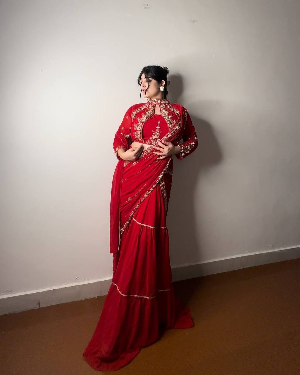 Pre-Draped Red Indo-Western Saree - Fully Stitched