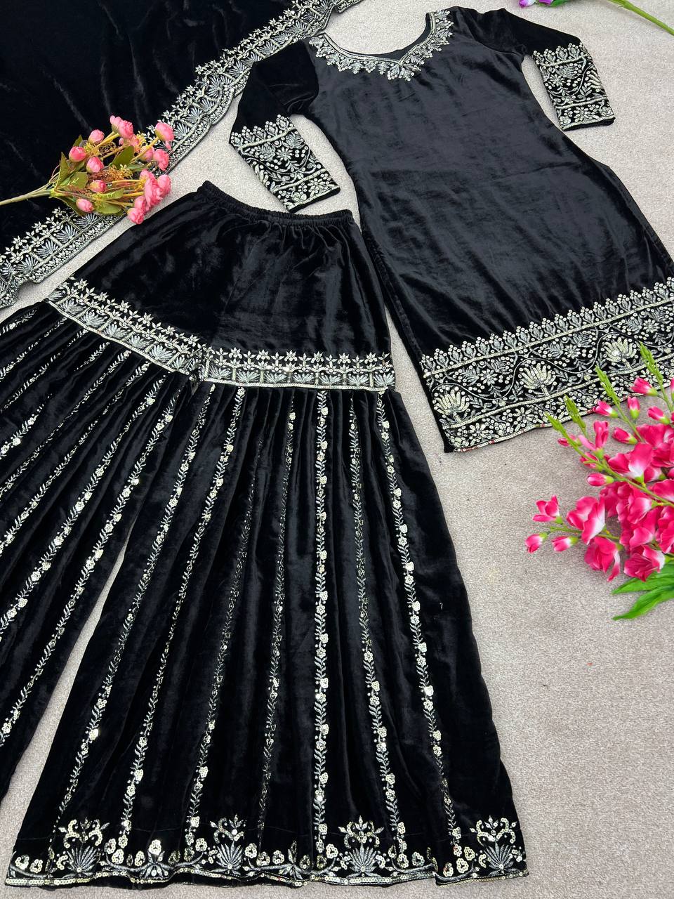 Premium Black Velvet Sharara Suit - Full Stitched