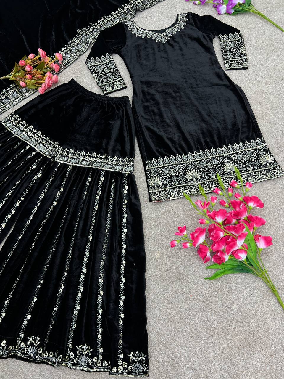 Premium Black Velvet Sharara Suit - Full Stitched