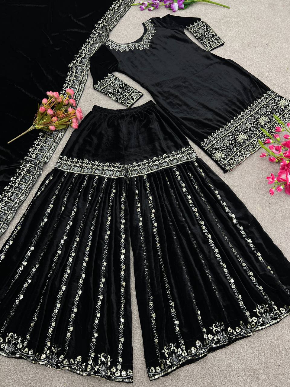Premium Black Velvet Sharara Suit - Full Stitched