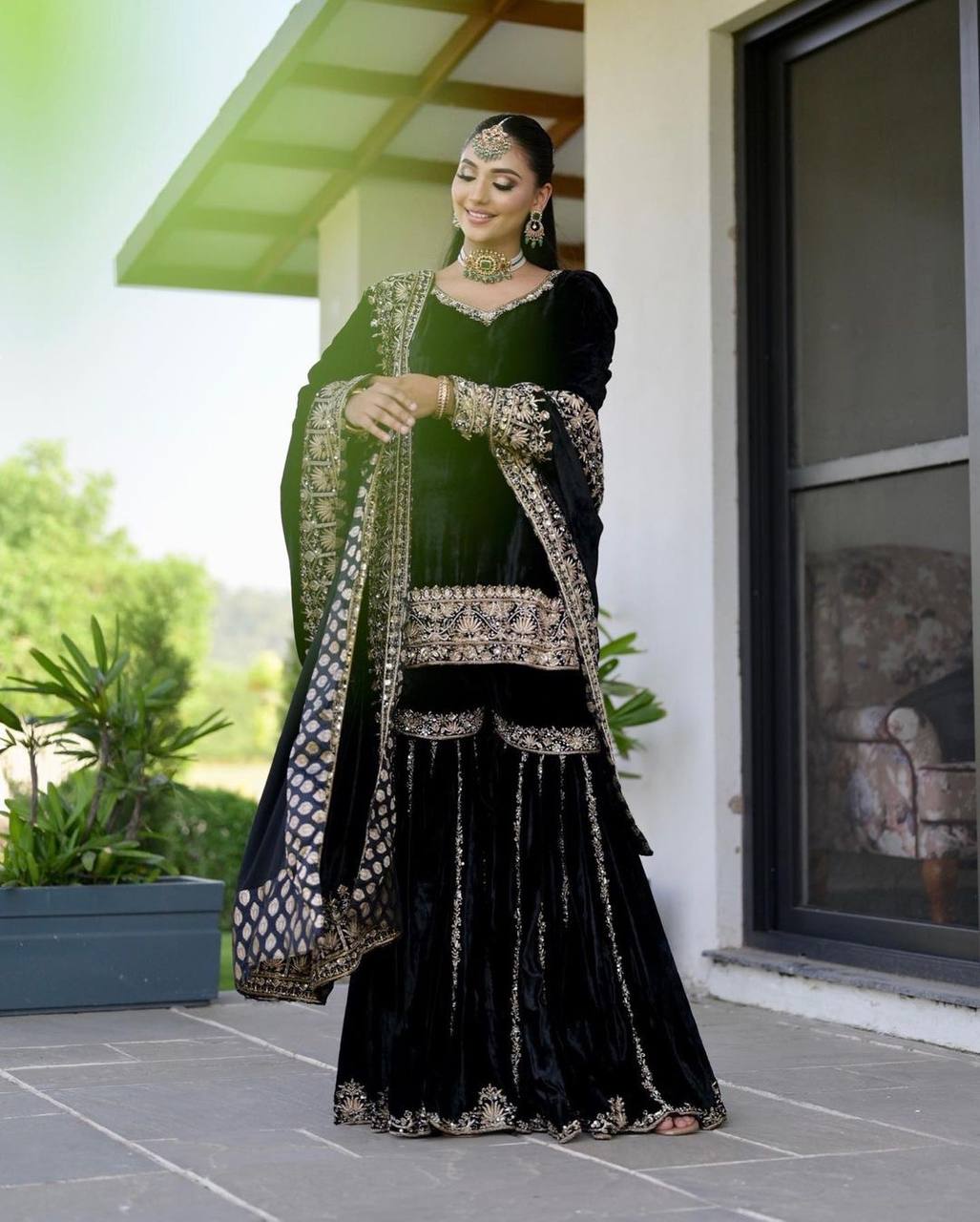 Premium Black Velvet Sharara Suit - Full Stitched