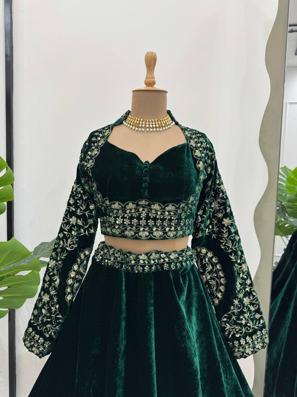 Green Velvet Viscose Lehenga with Golden Thread Work