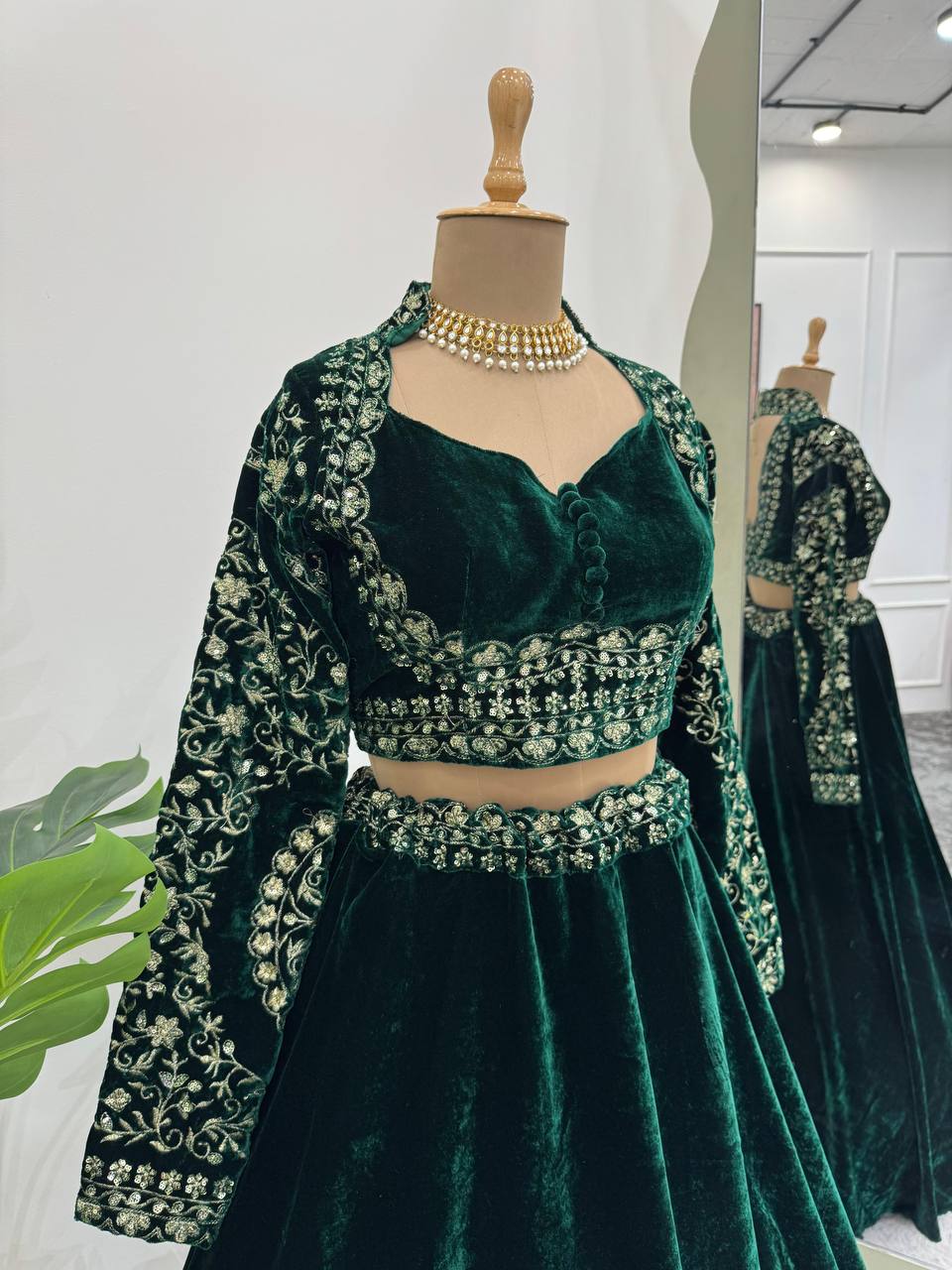 Green Velvet Viscose Lehenga with Golden Thread Work