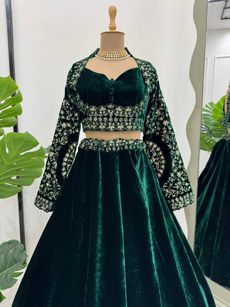 Green Velvet Viscose Lehenga with Golden Thread Work