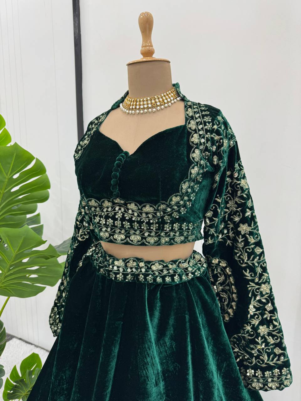 Green Velvet Viscose Lehenga with Golden Thread Work