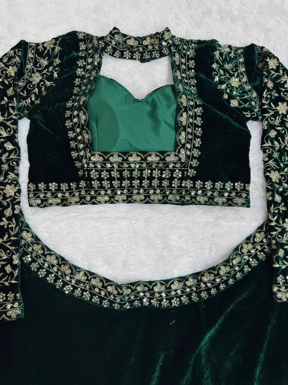 Green Velvet Viscose Lehenga with Golden Thread Work