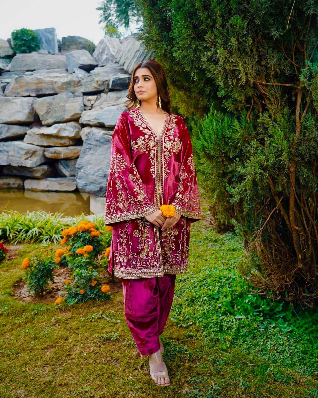 Magenta Pink Heavy Velvet Suit Set (Fully Stitched)