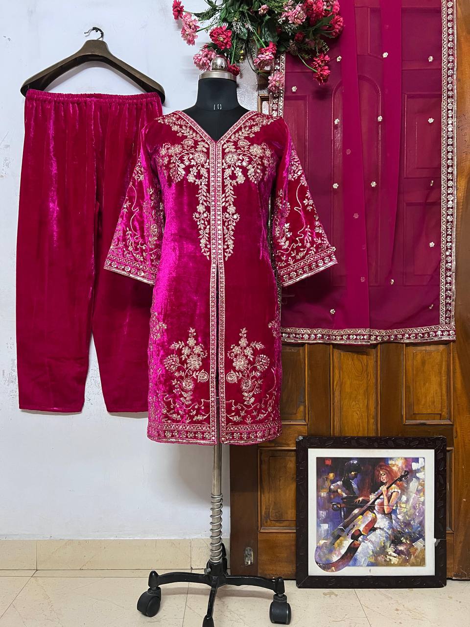 Magenta Pink Heavy Velvet Suit Set (Fully Stitched)