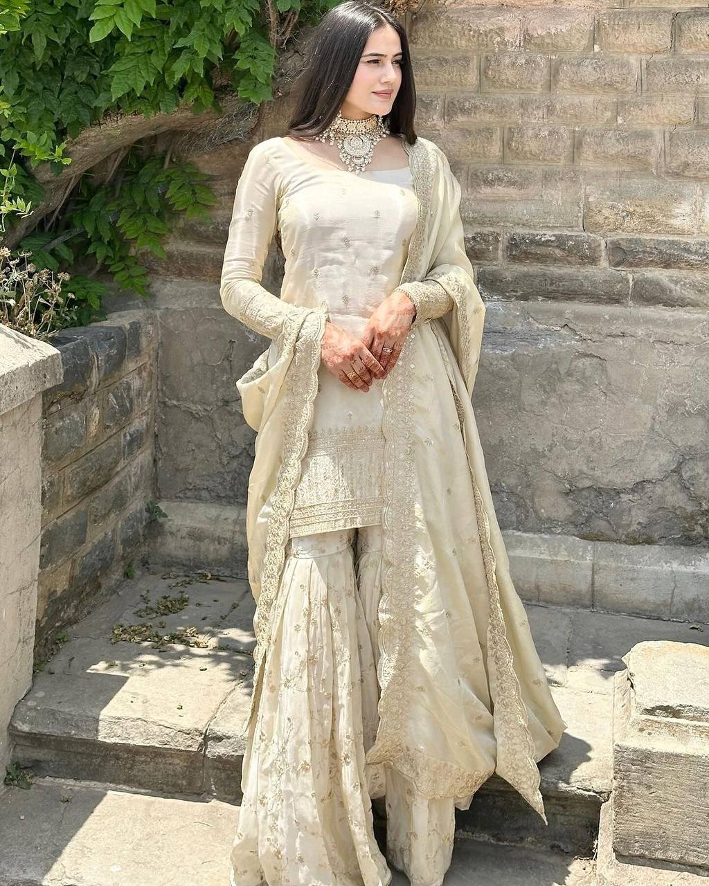 Ivory Silk Sharara Suit Set - Fully Stitched