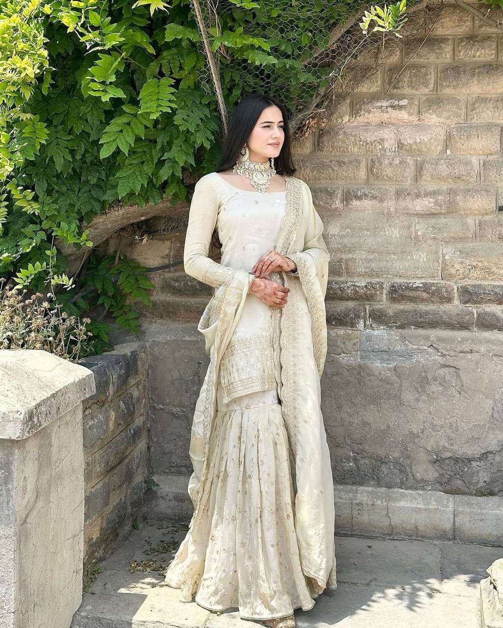 Ivory Silk Sharara Suit Set - Fully Stitched