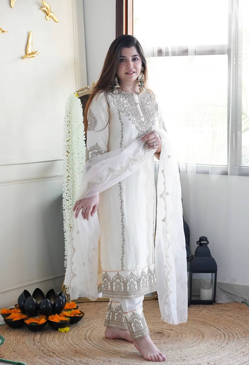 The Ivory Silk Suit Set With Heavy Embroidery - Fully Stitched