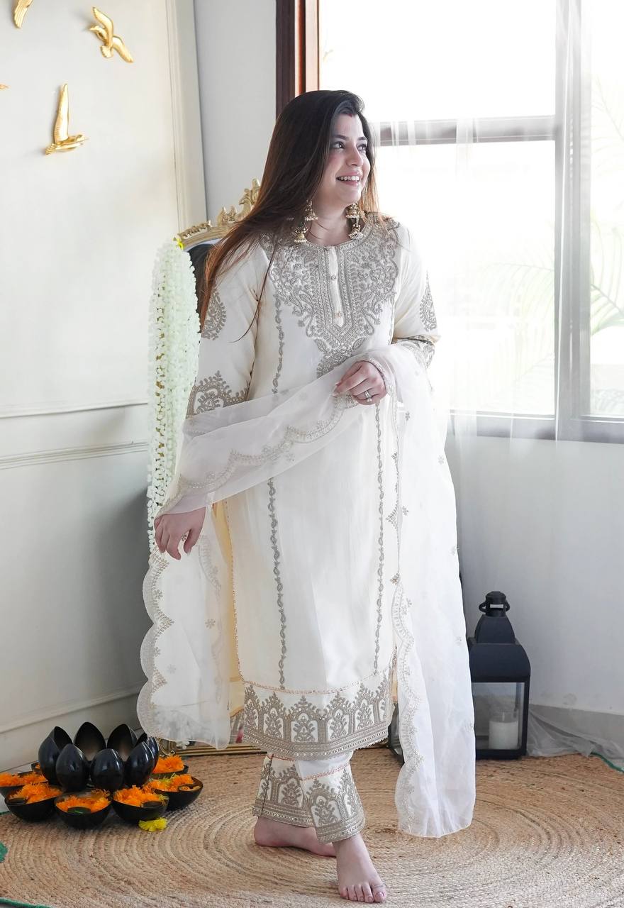 The Ivory Silk Suit Set With Heavy Embroidery - Fully Stitched