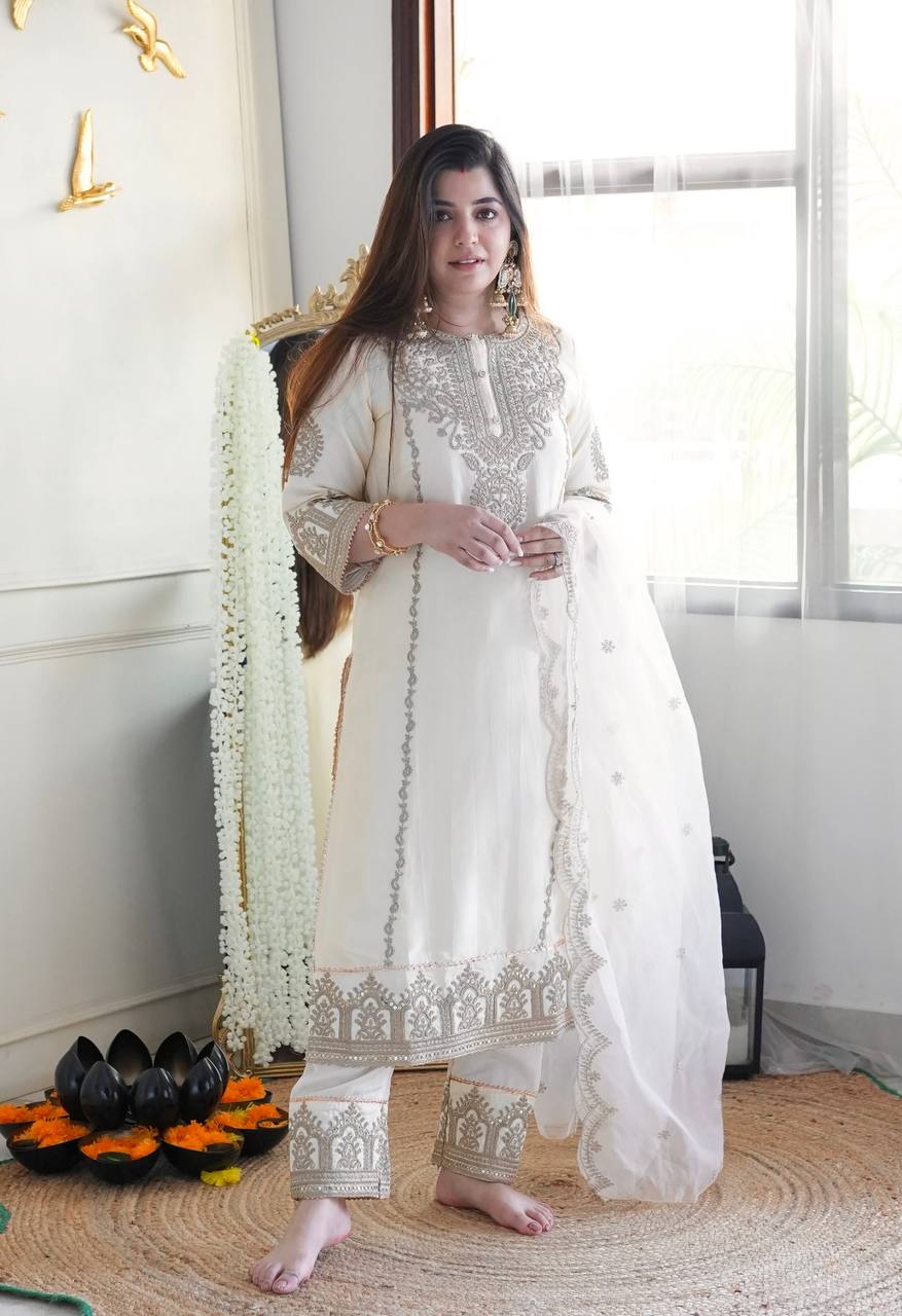 The Ivory Silk Suit Set With Heavy Embroidery - Fully Stitched