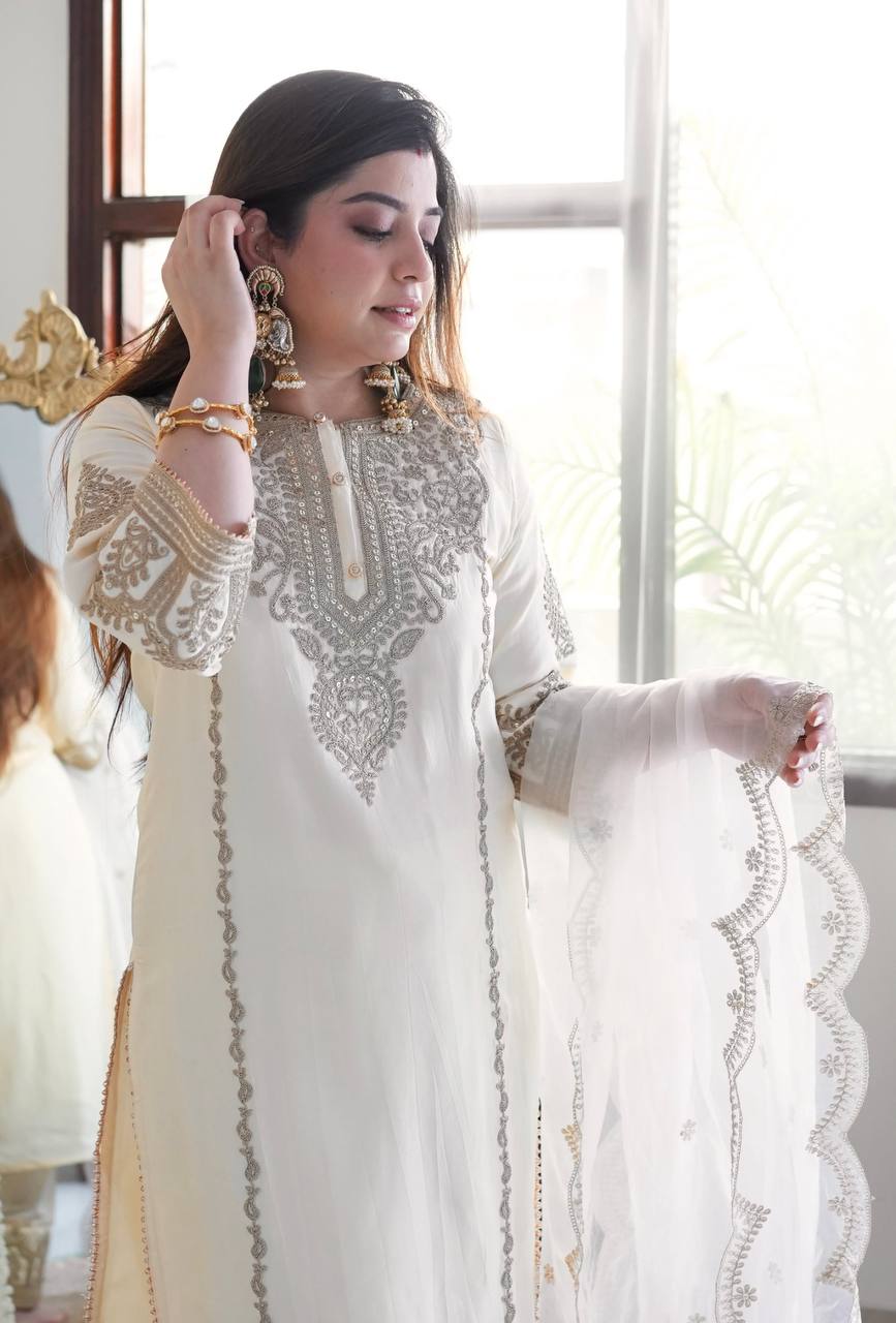 The Ivory Silk Suit Set With Heavy Embroidery - Fully Stitched