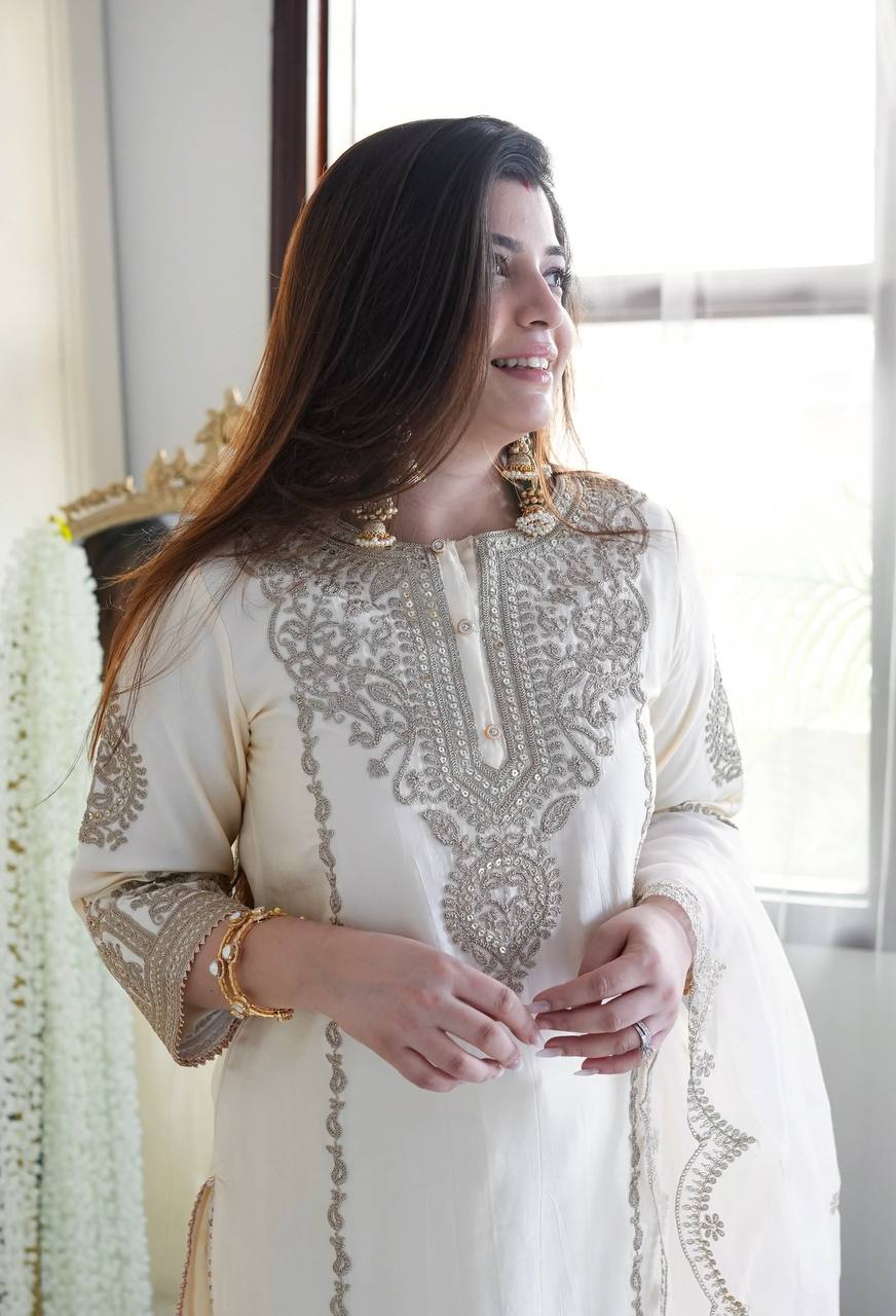 The Ivory Silk Suit Set With Heavy Embroidery - Fully Stitched