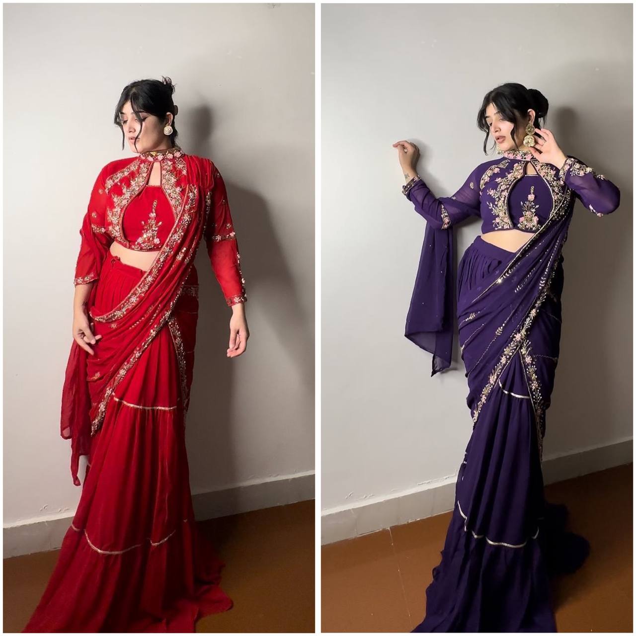 Pre-Draped Indigo Saree - Fully Stitched