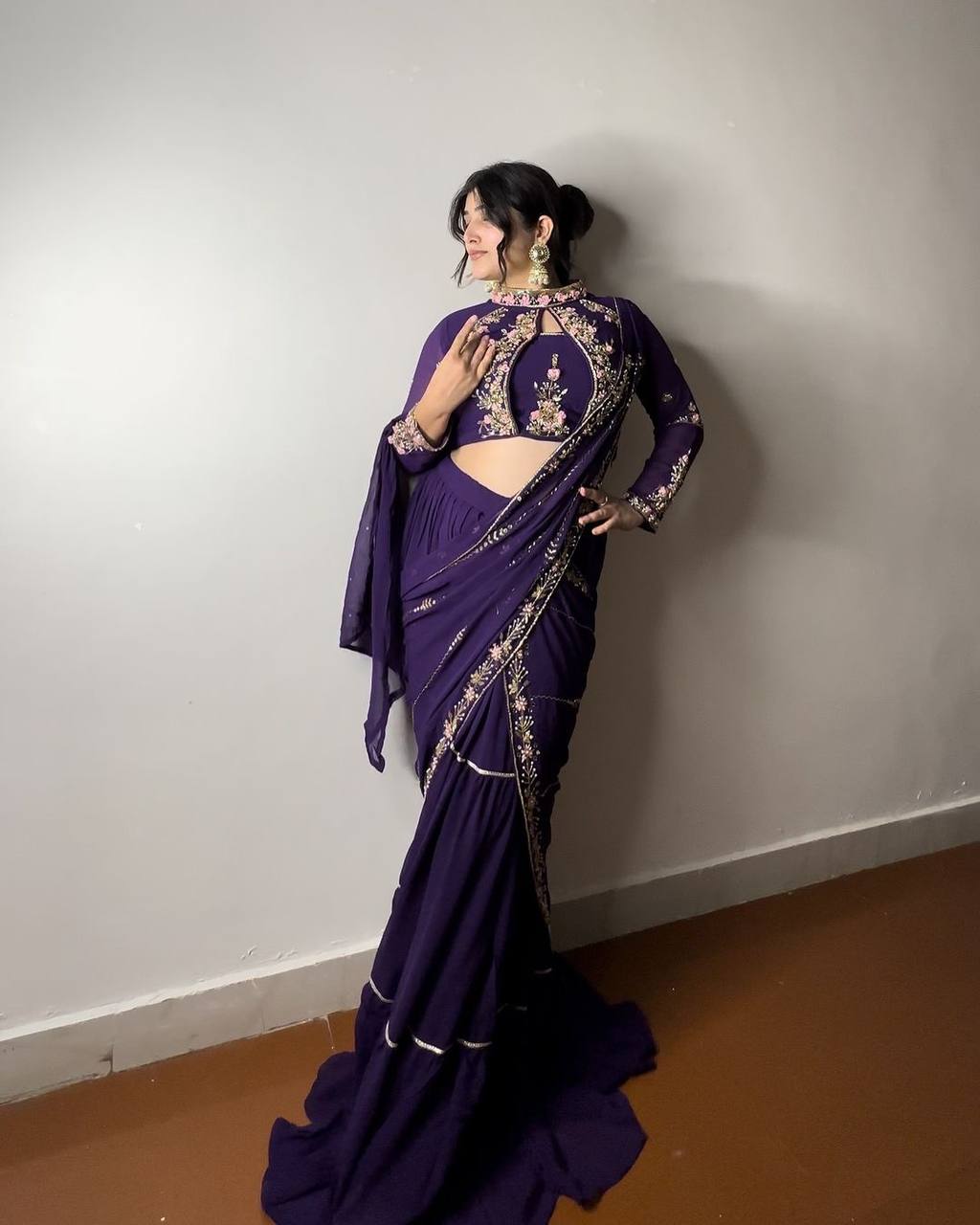 Pre-Draped Indigo Saree - Fully Stitched
