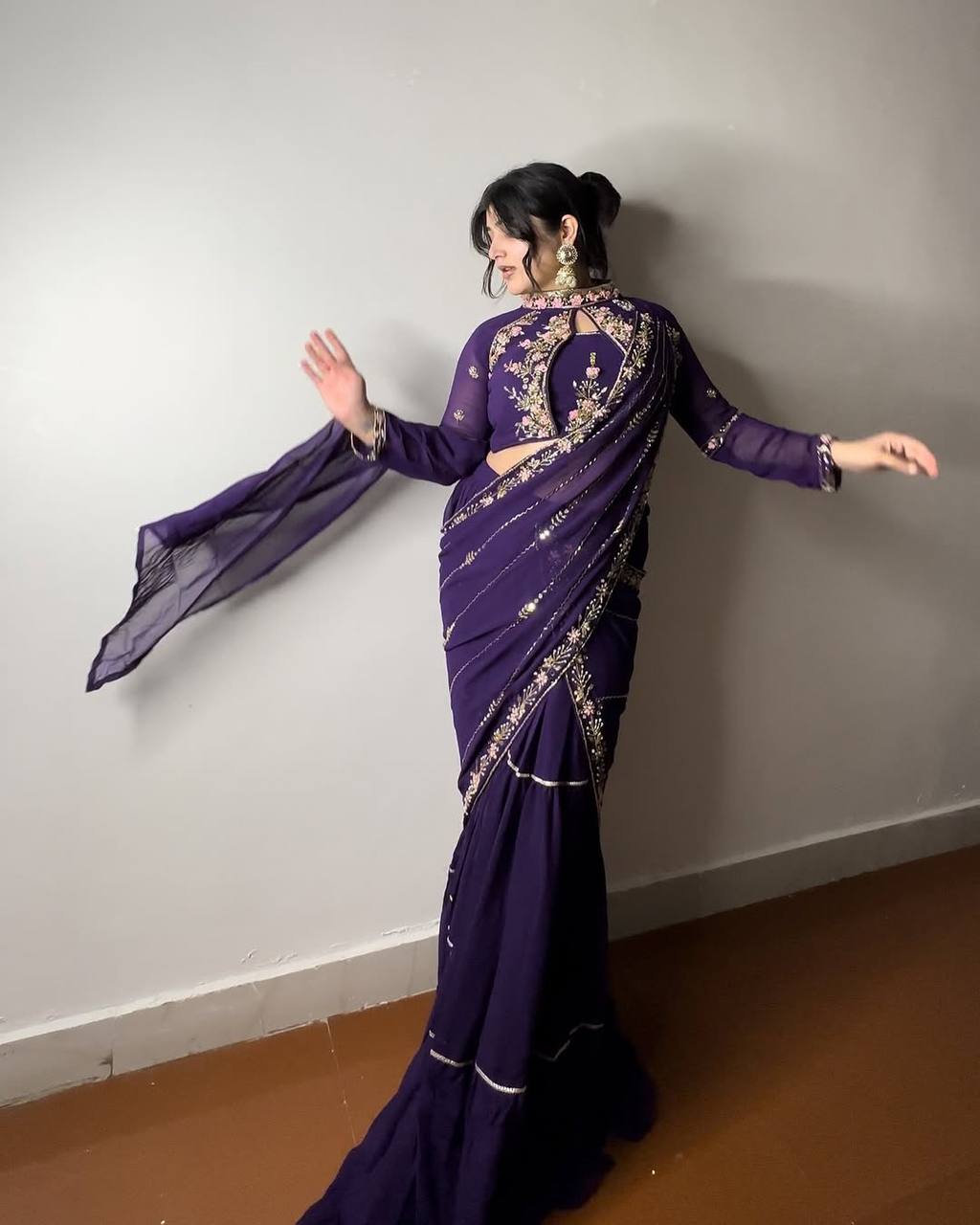 Pre-Draped Indigo Saree - Fully Stitched