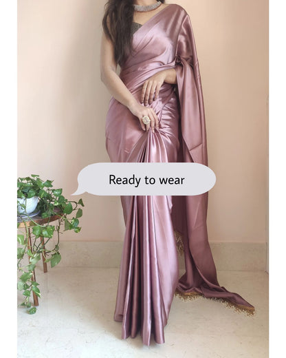 1-MIN READY TO WEAR Rose Gold Satin Silk Saree With Handmade Tassels On Pallu