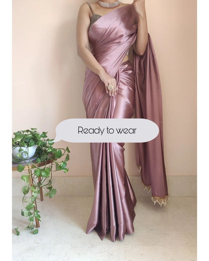 1-MIN READY TO WEAR Rose Gold Satin Silk Saree With Handmade Tassels On Pallu