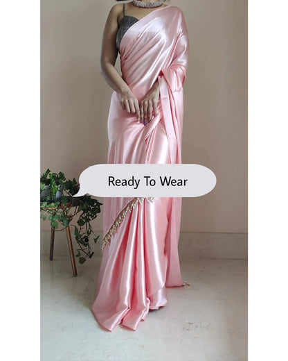 Peach Ready to Wear Satin Silk Saree With Handmade Tassels On Pallu