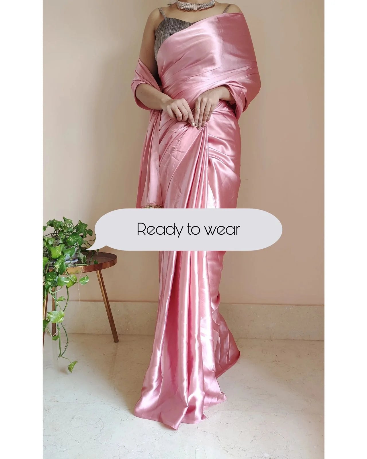 Old Rose Ready to Wear Satin Silk Saree With Handmade Tassels On Pallu