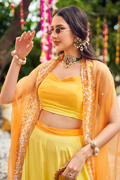 Yellow Ombré Co-ord Set with Embroidered Cape| Indian Designer Wear