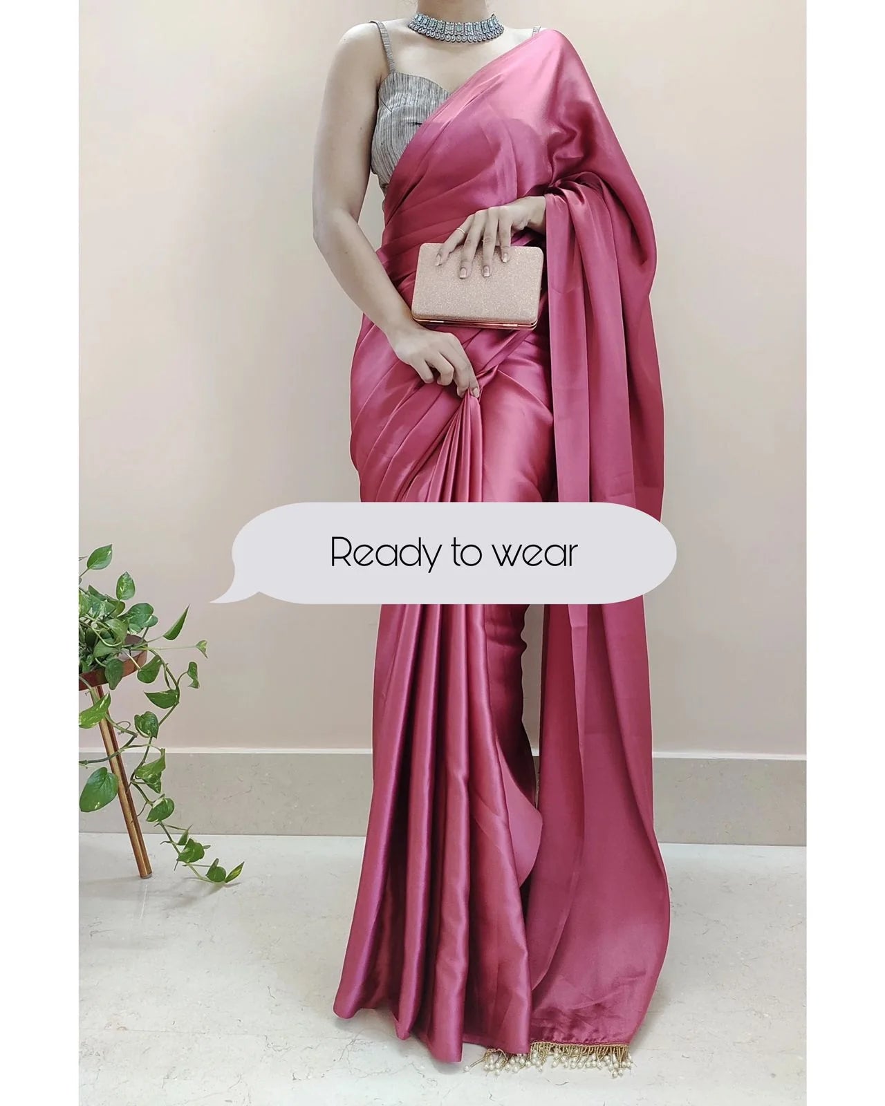 Rose Pink Ready to Wear Satin Silk Saree With Handmade Tassels On Pallu