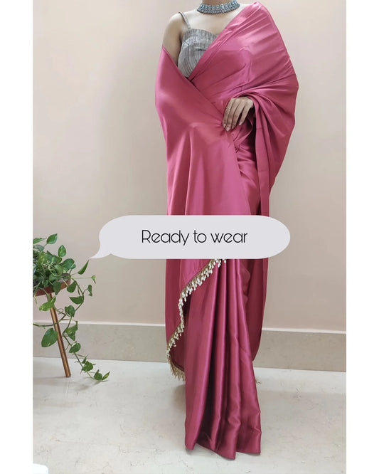 Rose Pink Ready to Wear Satin Silk Saree With Handmade Tassels On Pallu