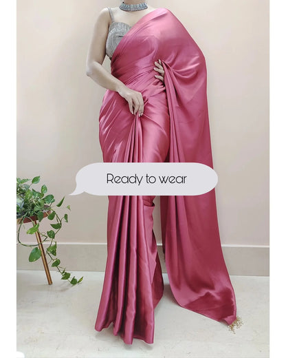 Rose Pink Ready to Wear Satin Silk Saree With Handmade Tassels On Pallu