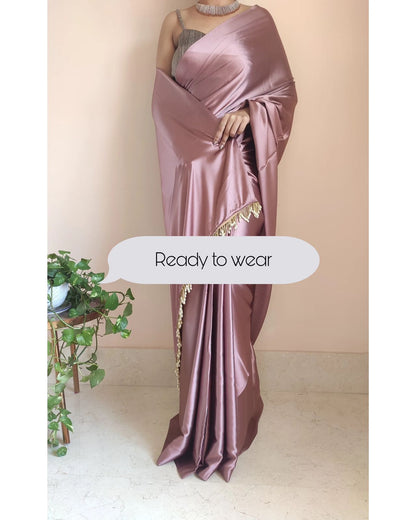 1-MIN READY TO WEAR Rose Gold Satin Silk Saree With Handmade Tassels On Pallu