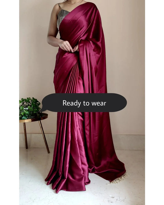 Cherry Wine Ready to Wear Satin Silk Saree With Handmade Tassels On Pallu