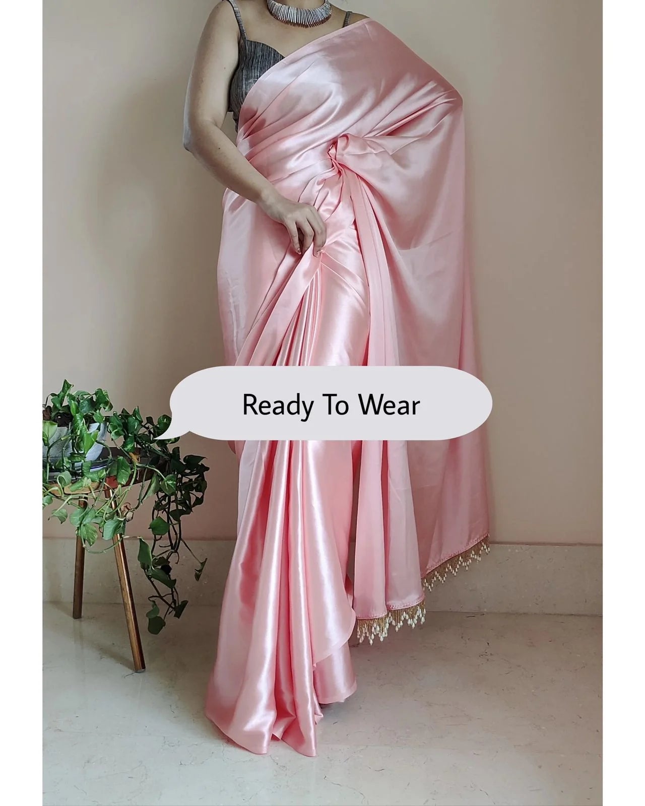 Peach Ready to Wear Satin Silk Saree With Handmade Tassels On Pallu