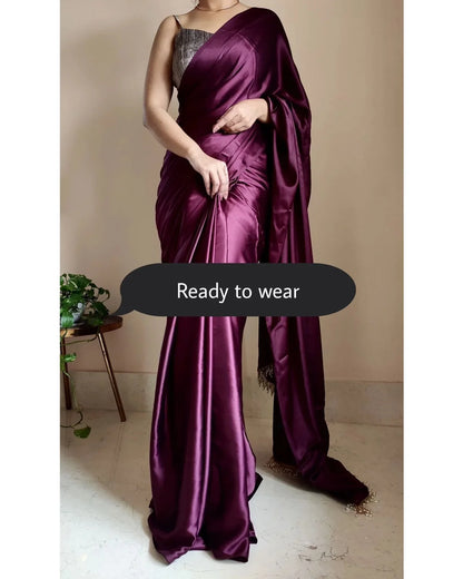 Dark Eggplant Wine Ready to Wear Satin Silk Saree With Handmade Tassels On Pallu