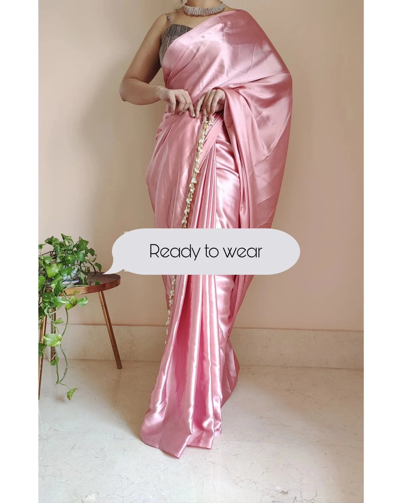 Old Rose Ready to Wear Satin Silk Saree With Handmade Tassels On Pallu