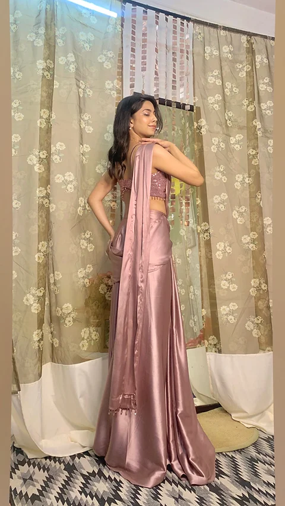 Mauve Nude Cocktail Saree - Ready to Wear